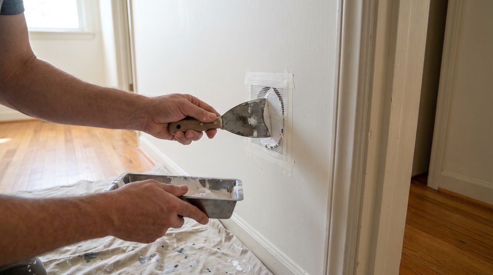 Hands spreading joint compound over a mesh patch in a painted hallway wall, with a drop cloth over the wood floor