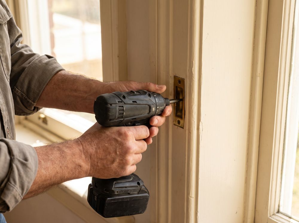 Hands driving a screw into a new brass strike plate on a painted wood door jamb